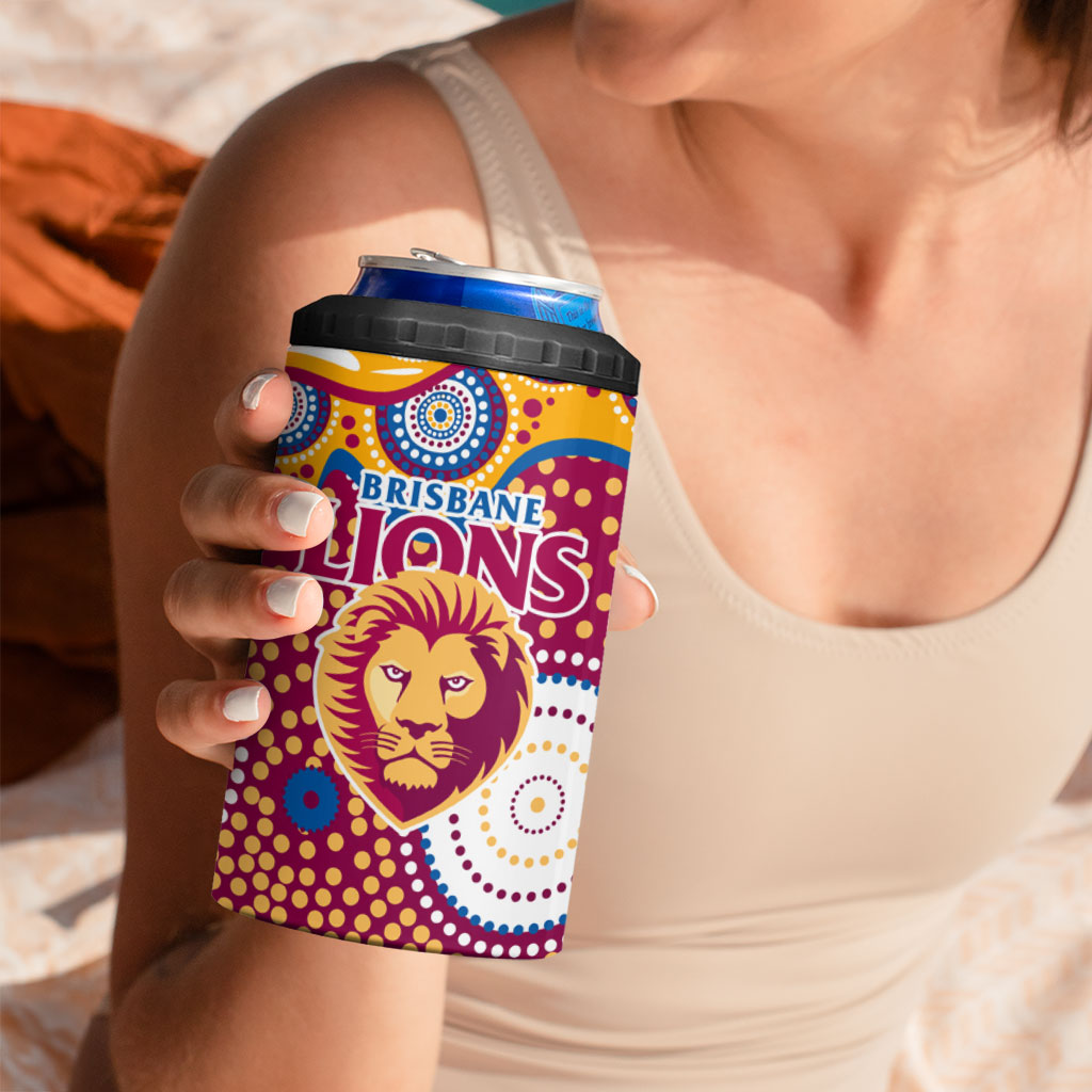 Brisbane Lions 4 in 1 Can Cooler Tumbler Aboriginal Dot Pattern - Football Mascot Heritage Pride