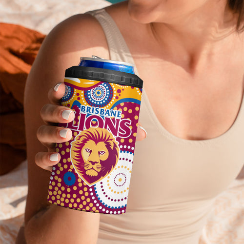 Brisbane Lions 4 in 1 Can Cooler Tumbler Aboriginal Dot Pattern - Football Mascot Heritage Pride