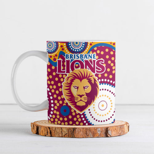 Brisbane Lions Ceramic Mug Aboriginal Dot Pattern - Football Mascot Heritage Pride