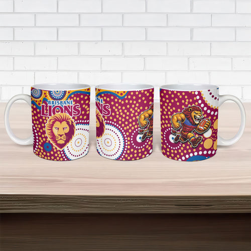 Brisbane Lions Ceramic Mug Aboriginal Dot Pattern - Football Mascot Heritage Pride