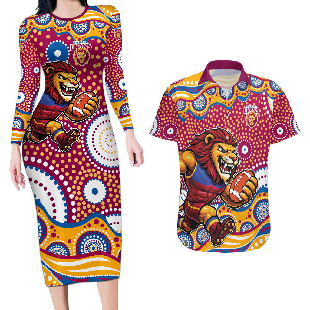 Brisbane Lions Couples Matching Long Sleeve Bodycon Dress and Hawaiian Shirt Aboriginal Dot Pattern - Football Mascot Heritage Pride