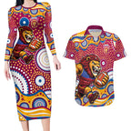 Brisbane Lions Couples Matching Long Sleeve Bodycon Dress and Hawaiian Shirt Aboriginal Dot Pattern - Football Mascot Heritage Pride