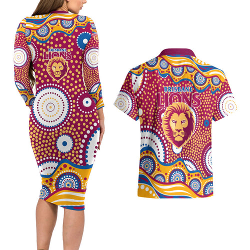 Brisbane Lions Couples Matching Long Sleeve Bodycon Dress and Hawaiian Shirt Aboriginal Dot Pattern - Football Mascot Heritage Pride