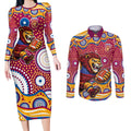 Brisbane Lions Couples Matching Long Sleeve Bodycon Dress and Long Sleeve Button Shirt Aboriginal Dot Pattern - Football Mascot Heritage Pride
