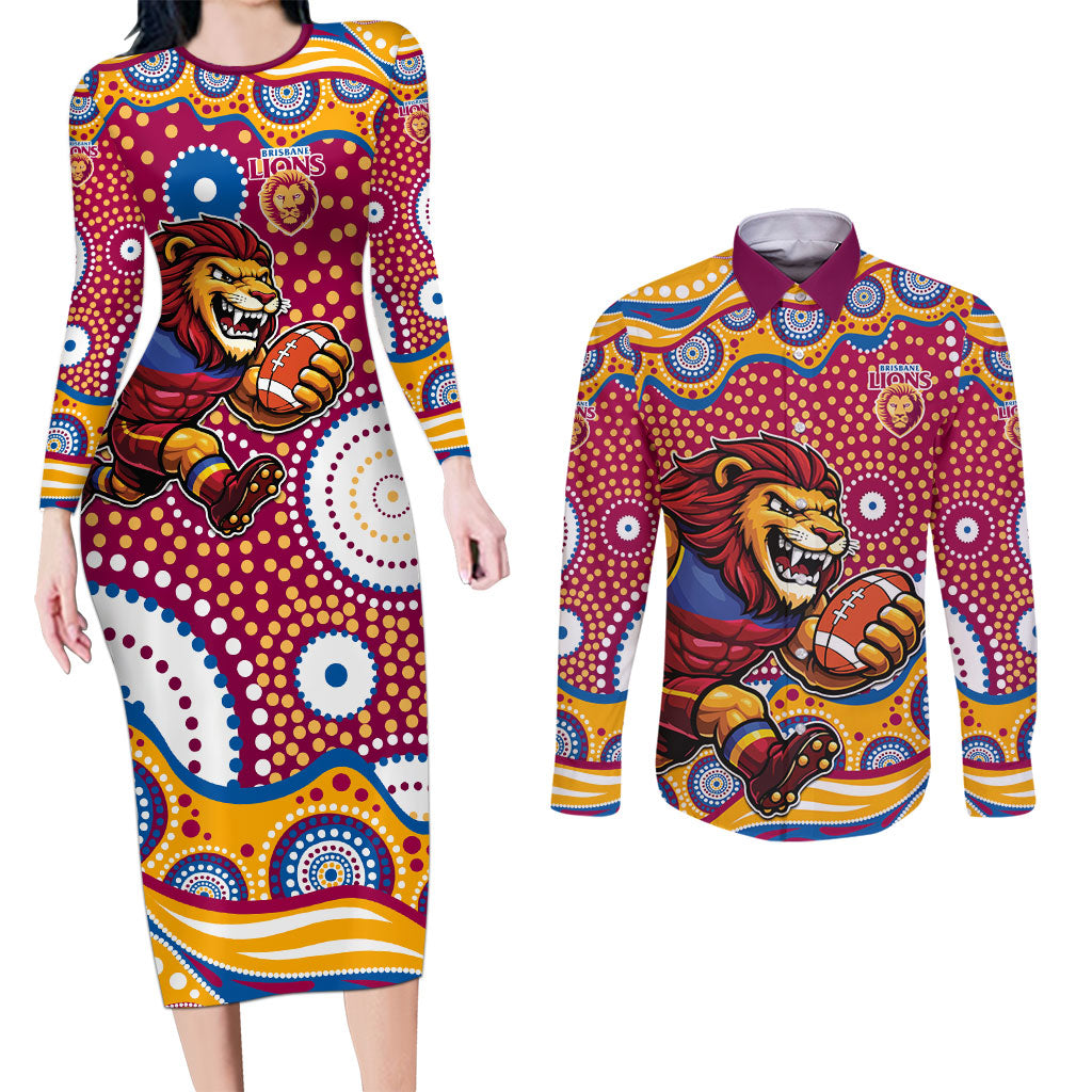 Brisbane Lions Couples Matching Long Sleeve Bodycon Dress and Long Sleeve Button Shirt Aboriginal Dot Pattern - Football Mascot Heritage Pride