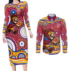 Brisbane Lions Couples Matching Long Sleeve Bodycon Dress and Long Sleeve Button Shirt Aboriginal Dot Pattern - Football Mascot Heritage Pride