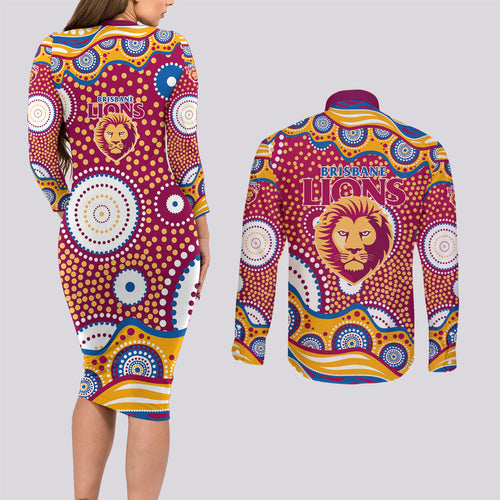 Brisbane Lions Couples Matching Long Sleeve Bodycon Dress and Long Sleeve Button Shirt Aboriginal Dot Pattern - Football Mascot Heritage Pride