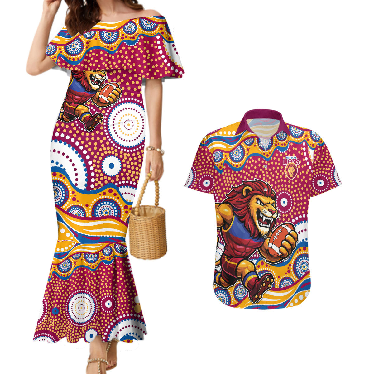Brisbane Lions Couples Matching Mermaid Dress and Hawaiian Shirt Aboriginal Dot Pattern - Football Mascot Heritage Pride