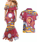 Brisbane Lions Couples Matching Mermaid Dress and Hawaiian Shirt Aboriginal Dot Pattern - Football Mascot Heritage Pride