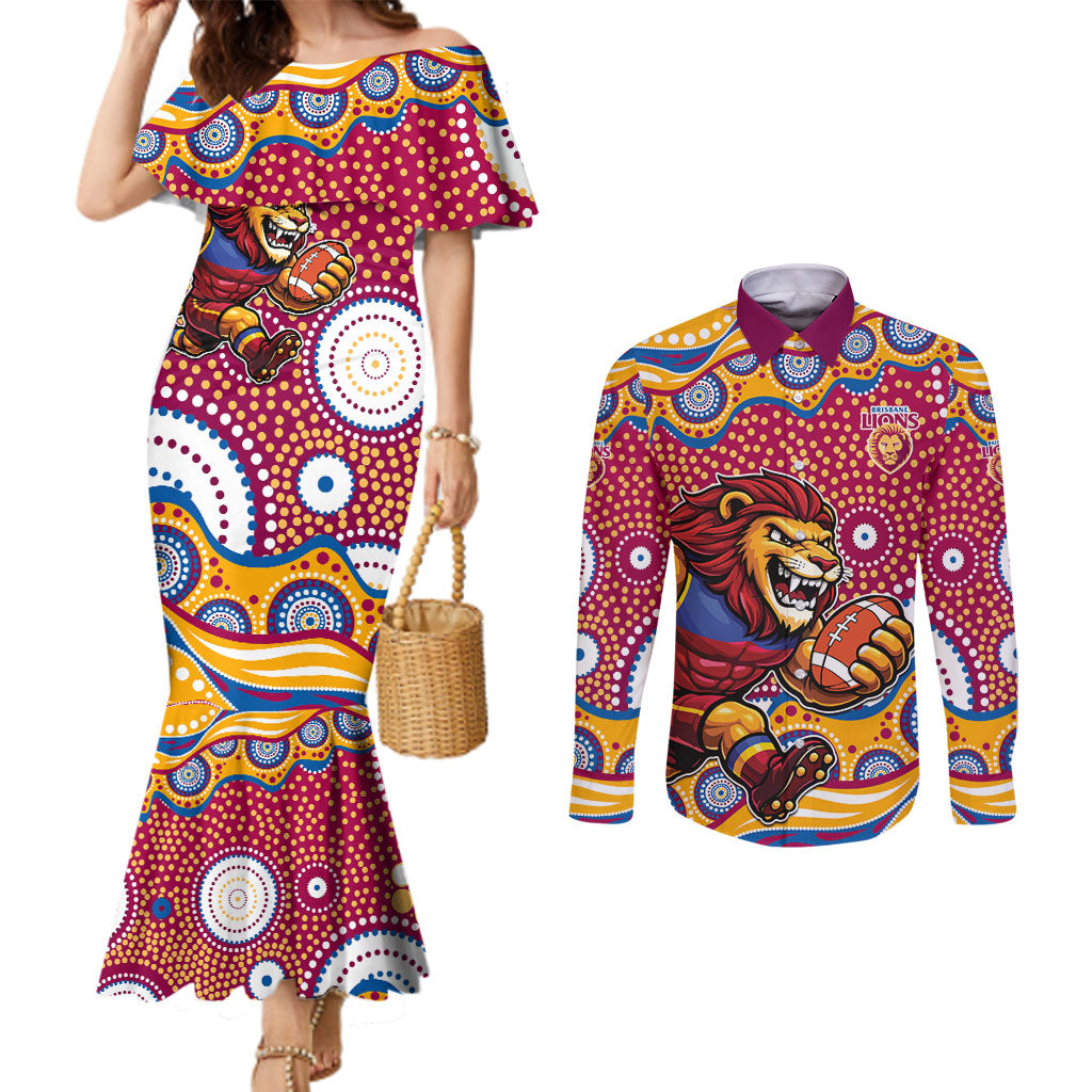 Brisbane Lions Couples Matching Mermaid Dress and Long Sleeve Button Shirt Aboriginal Dot Pattern - Football Mascot Heritage Pride
