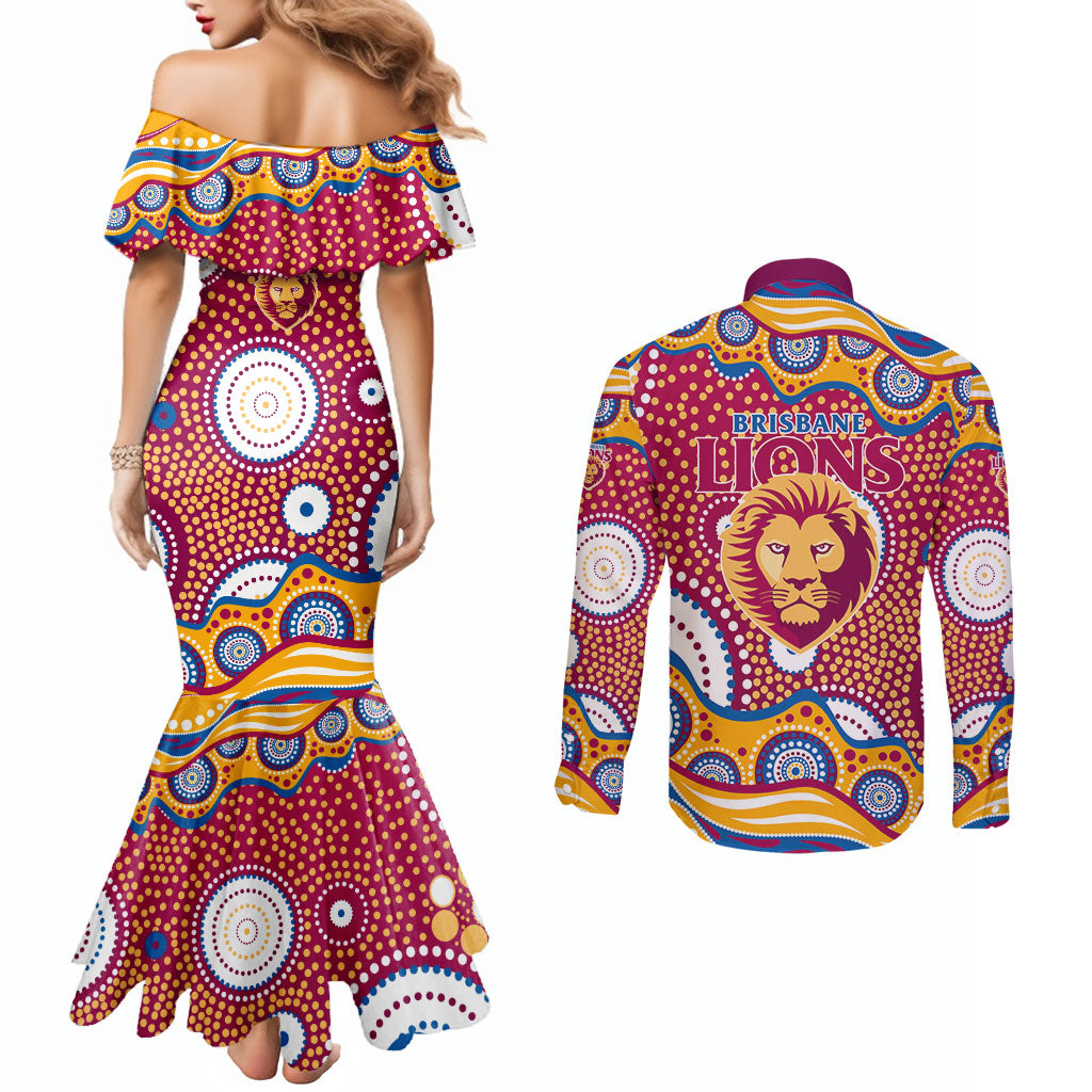 Brisbane Lions Couples Matching Mermaid Dress and Long Sleeve Button Shirt Aboriginal Dot Pattern - Football Mascot Heritage Pride