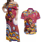 Brisbane Lions Couples Matching Off Shoulder Maxi Dress and Hawaiian Shirt Aboriginal Dot Pattern - Football Mascot Heritage Pride