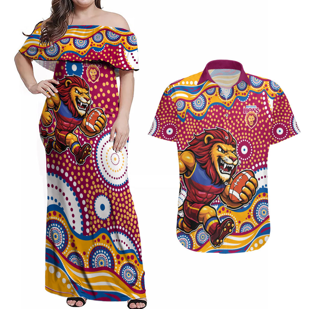 Brisbane Lions Couples Matching Off Shoulder Maxi Dress and Hawaiian Shirt Aboriginal Dot Pattern - Football Mascot Heritage Pride