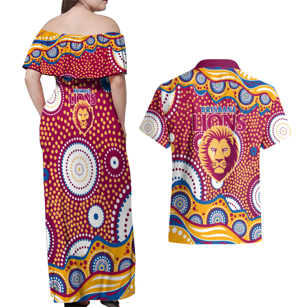 Brisbane Lions Couples Matching Off Shoulder Maxi Dress and Hawaiian Shirt Aboriginal Dot Pattern - Football Mascot Heritage Pride