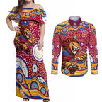 Brisbane Lions Couples Matching Off Shoulder Maxi Dress and Long Sleeve Button Shirt Aboriginal Dot Pattern - Football Mascot Heritage Pride