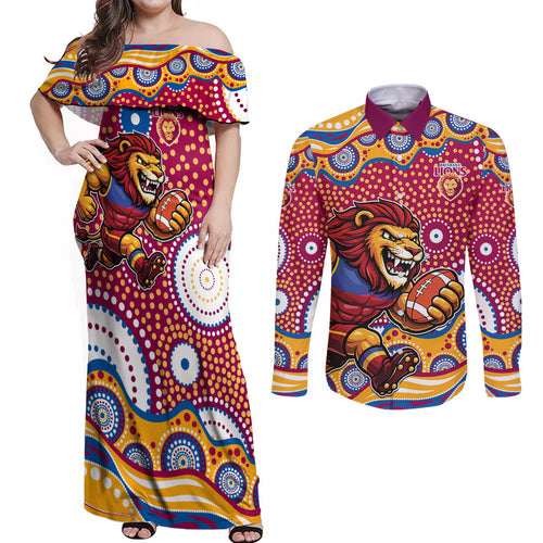 Brisbane Lions Couples Matching Off Shoulder Maxi Dress and Long Sleeve Button Shirt Aboriginal Dot Pattern - Football Mascot Heritage Pride