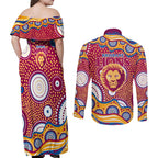 Brisbane Lions Couples Matching Off Shoulder Maxi Dress and Long Sleeve Button Shirt Aboriginal Dot Pattern - Football Mascot Heritage Pride
