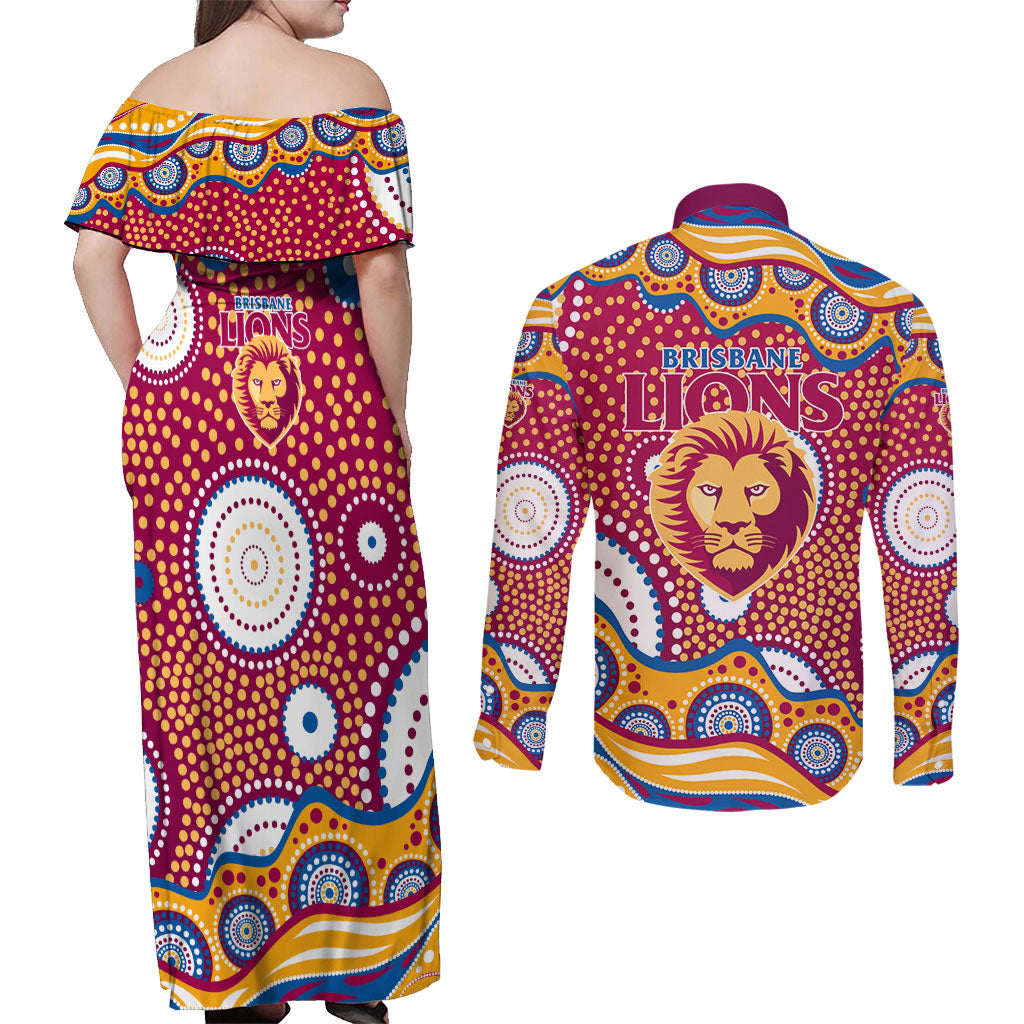 Brisbane Lions Couples Matching Off Shoulder Maxi Dress and Long Sleeve Button Shirt Aboriginal Dot Pattern - Football Mascot Heritage Pride