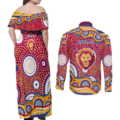 Brisbane Lions Couples Matching Off Shoulder Maxi Dress and Long Sleeve Button Shirt Aboriginal Dot Pattern - Football Mascot Heritage Pride