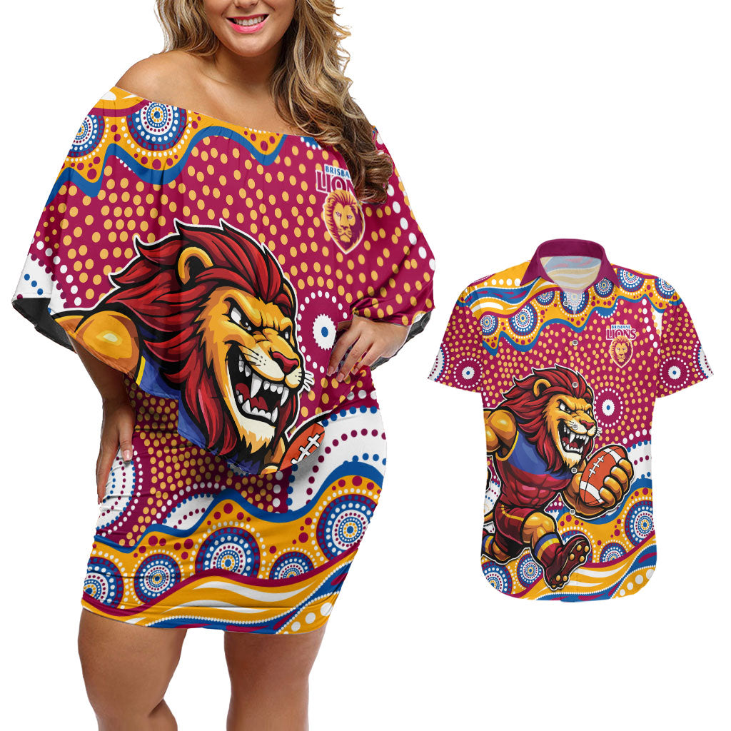 Brisbane Lions Couples Matching Off Shoulder Short Dress and Hawaiian Shirt Aboriginal Dot Pattern - Football Mascot Heritage Pride