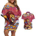 Brisbane Lions Couples Matching Off Shoulder Short Dress and Hawaiian Shirt Aboriginal Dot Pattern - Football Mascot Heritage Pride