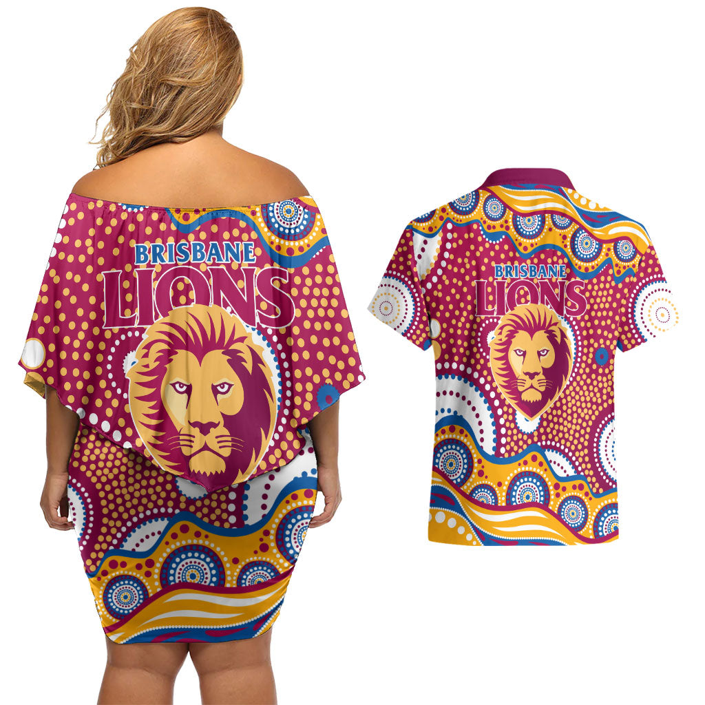 Brisbane Lions Couples Matching Off Shoulder Short Dress and Hawaiian Shirt Aboriginal Dot Pattern - Football Mascot Heritage Pride