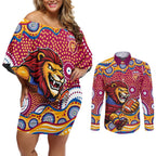 Brisbane Lions Couples Matching Off Shoulder Short Dress and Long Sleeve Button Shirt Aboriginal Dot Pattern - Football Mascot Heritage Pride