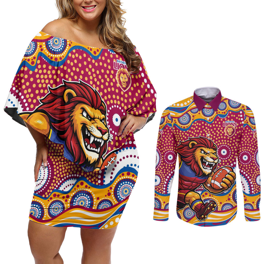 Brisbane Lions Couples Matching Off Shoulder Short Dress and Long Sleeve Button Shirt Aboriginal Dot Pattern - Football Mascot Heritage Pride