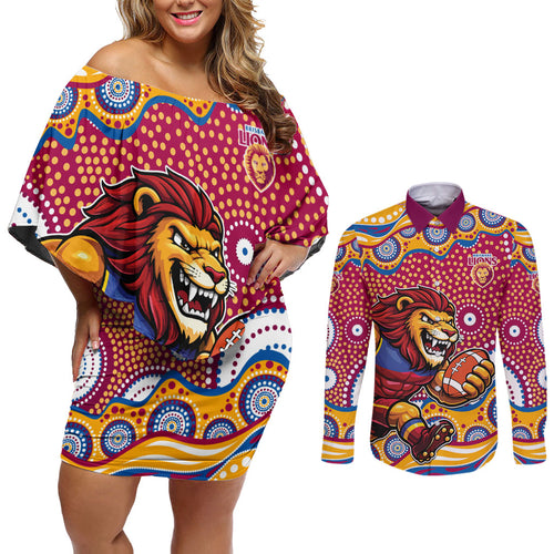 Brisbane Lions Couples Matching Off Shoulder Short Dress and Long Sleeve Button Shirt Aboriginal Dot Pattern - Football Mascot Heritage Pride