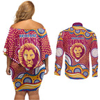 Brisbane Lions Couples Matching Off Shoulder Short Dress and Long Sleeve Button Shirt Aboriginal Dot Pattern - Football Mascot Heritage Pride
