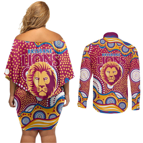 Brisbane Lions Couples Matching Off Shoulder Short Dress and Long Sleeve Button Shirt Aboriginal Dot Pattern - Football Mascot Heritage Pride