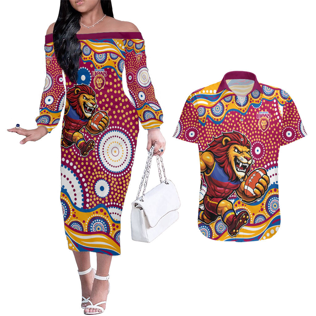 Brisbane Lions Couples Matching Off The Shoulder Long Sleeve Dress and Hawaiian Shirt Aboriginal Dot Pattern - Football Mascot Heritage Pride