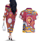 Brisbane Lions Couples Matching Off The Shoulder Long Sleeve Dress and Hawaiian Shirt Aboriginal Dot Pattern - Football Mascot Heritage Pride