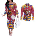 Brisbane Lions Couples Matching Off The Shoulder Long Sleeve Dress and Long Sleeve Button Shirt Aboriginal Dot Pattern - Football Mascot Heritage Pride