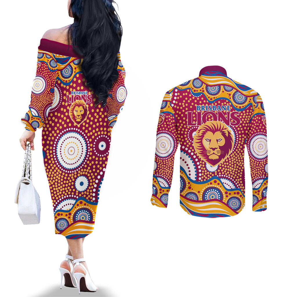 Brisbane Lions Couples Matching Off The Shoulder Long Sleeve Dress and Long Sleeve Button Shirt Aboriginal Dot Pattern - Football Mascot Heritage Pride