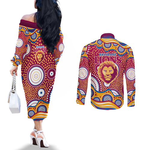 Brisbane Lions Couples Matching Off The Shoulder Long Sleeve Dress and Long Sleeve Button Shirt Aboriginal Dot Pattern - Football Mascot Heritage Pride