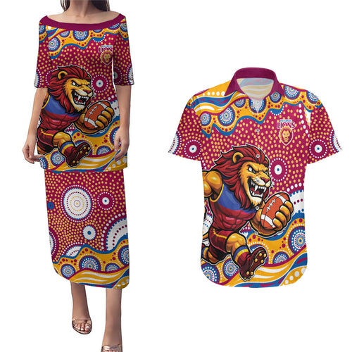 Brisbane Lions Couples Matching Puletasi and Hawaiian Shirt Aboriginal Dot Pattern - Football Mascot Heritage Pride