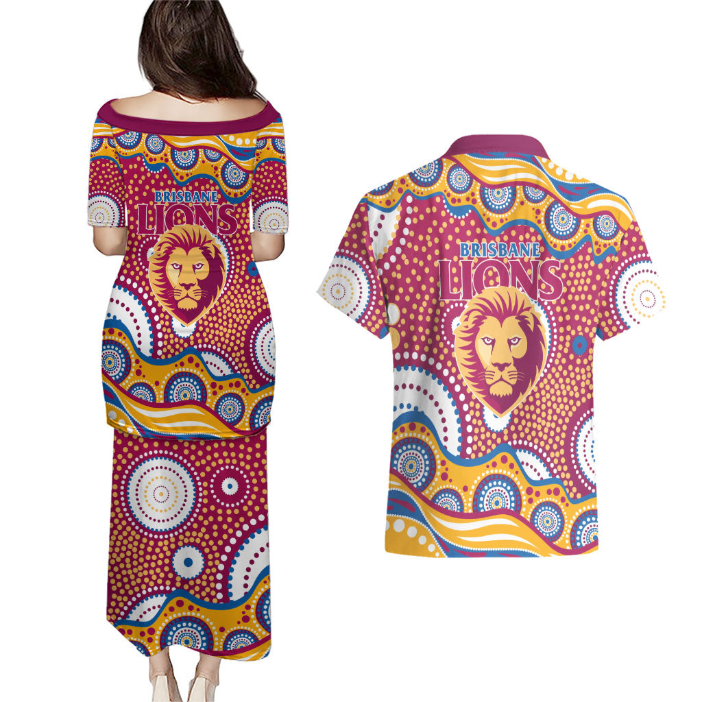 Brisbane Lions Couples Matching Puletasi and Hawaiian Shirt Aboriginal Dot Pattern - Football Mascot Heritage Pride