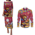 Brisbane Lions Couples Matching Puletasi and Long Sleeve Button Shirt Aboriginal Dot Pattern - Football Mascot Heritage Pride