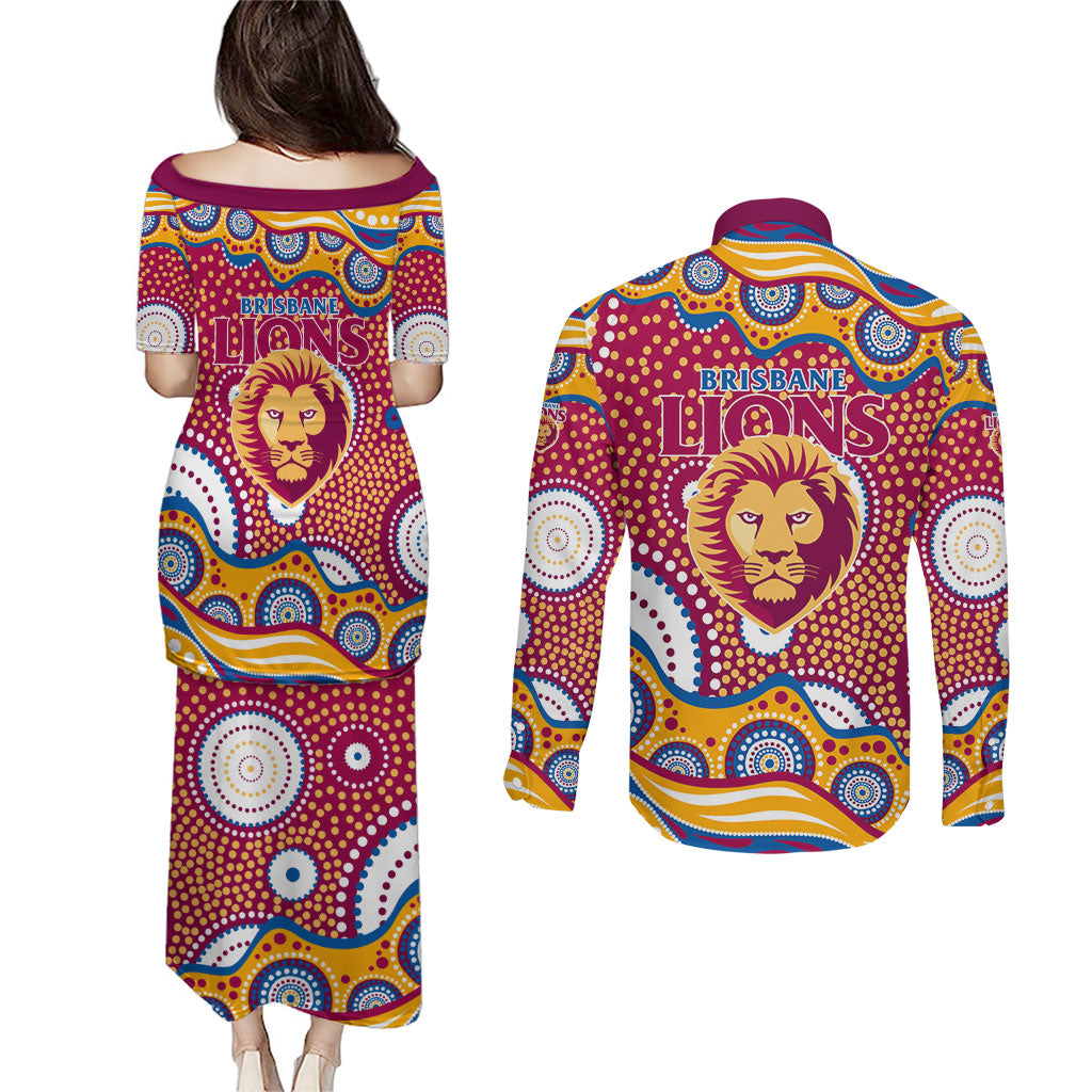 Brisbane Lions Couples Matching Puletasi and Long Sleeve Button Shirt Aboriginal Dot Pattern - Football Mascot Heritage Pride