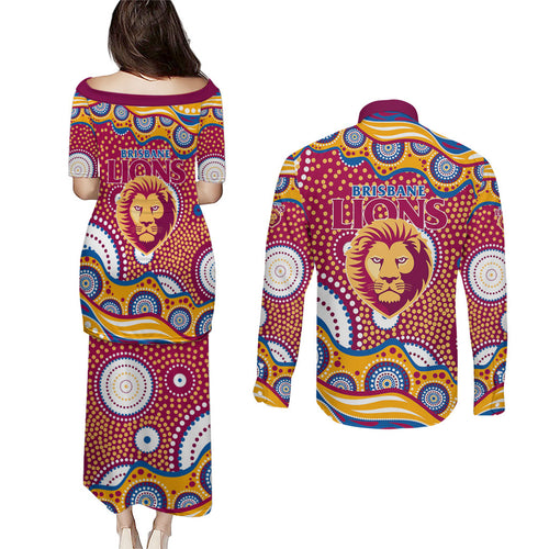 Brisbane Lions Couples Matching Puletasi and Long Sleeve Button Shirt Aboriginal Dot Pattern - Football Mascot Heritage Pride