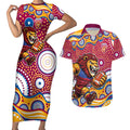 Brisbane Lions Couples Matching Short Sleeve Bodycon Dress and Hawaiian Shirt Aboriginal Dot Pattern - Football Mascot Heritage Pride