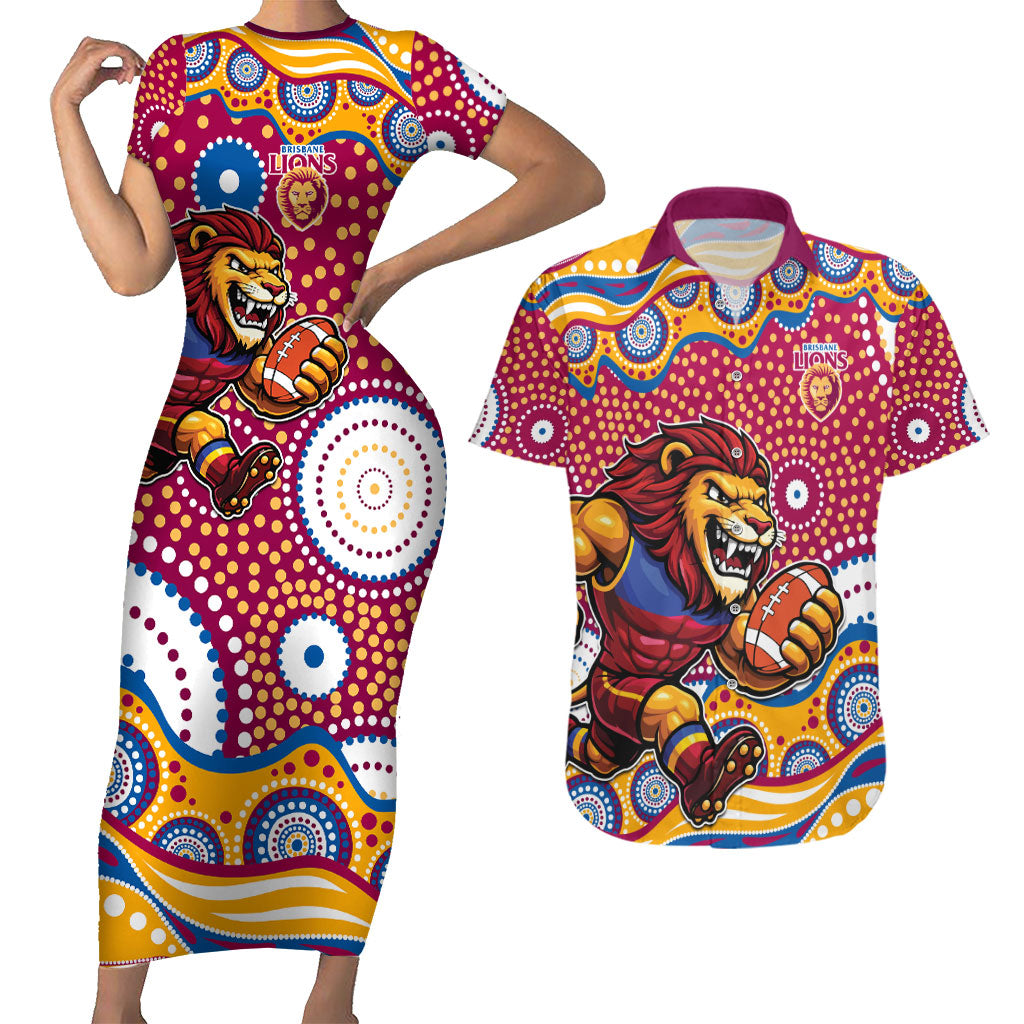 Brisbane Lions Couples Matching Short Sleeve Bodycon Dress and Hawaiian Shirt Aboriginal Dot Pattern - Football Mascot Heritage Pride