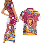 Brisbane Lions Couples Matching Short Sleeve Bodycon Dress and Hawaiian Shirt Aboriginal Dot Pattern - Football Mascot Heritage Pride