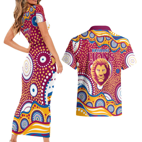 Brisbane Lions Couples Matching Short Sleeve Bodycon Dress and Hawaiian Shirt Aboriginal Dot Pattern - Football Mascot Heritage Pride