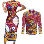 Brisbane Lions Couples Matching Short Sleeve Bodycon Dress and Long Sleeve Button Shirt Aboriginal Dot Pattern - Football Mascot Heritage Pride