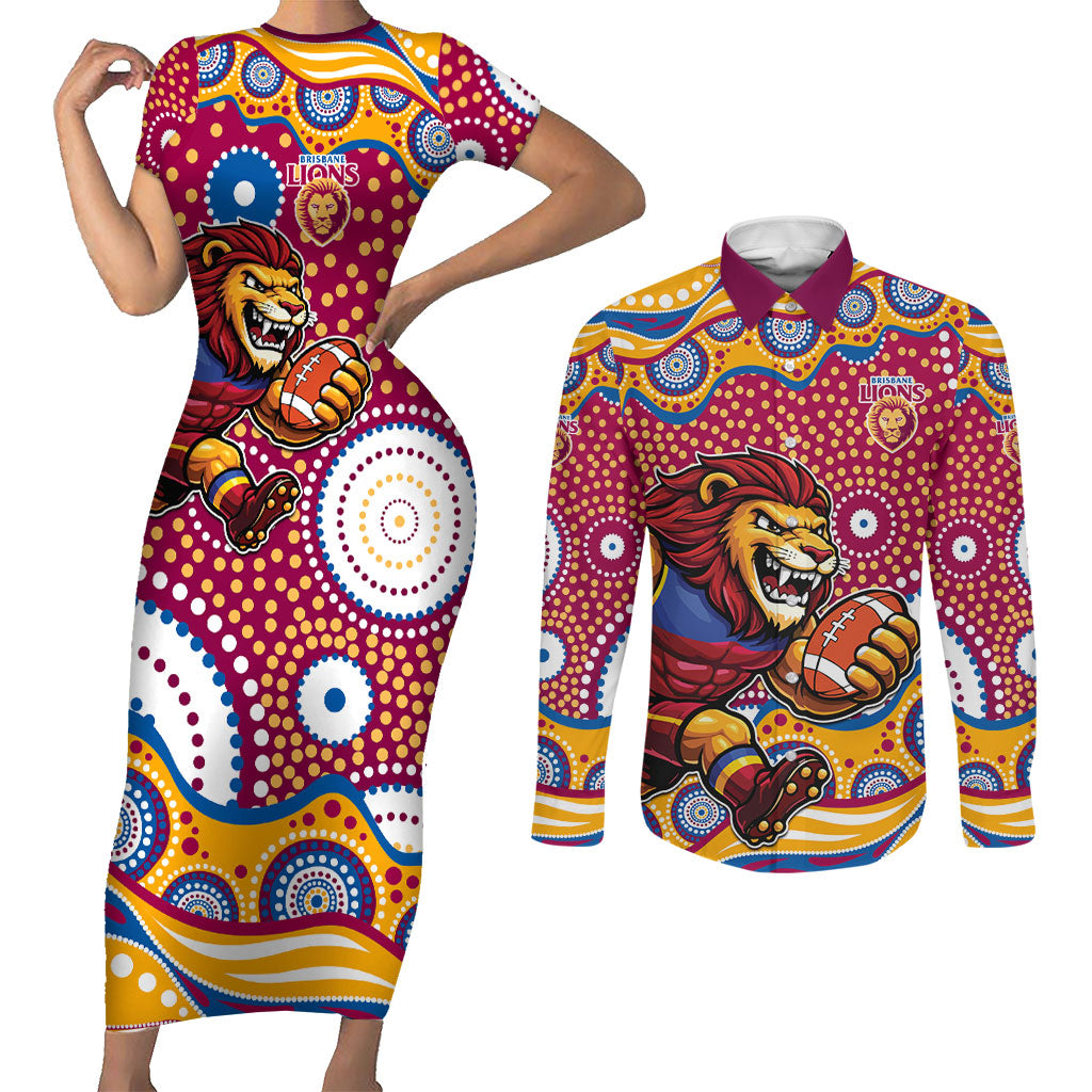Brisbane Lions Couples Matching Short Sleeve Bodycon Dress and Long Sleeve Button Shirt Aboriginal Dot Pattern - Football Mascot Heritage Pride