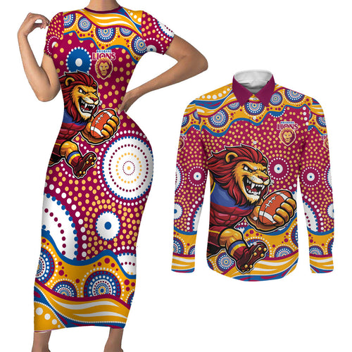 Brisbane Lions Couples Matching Short Sleeve Bodycon Dress and Long Sleeve Button Shirt Aboriginal Dot Pattern - Football Mascot Heritage Pride
