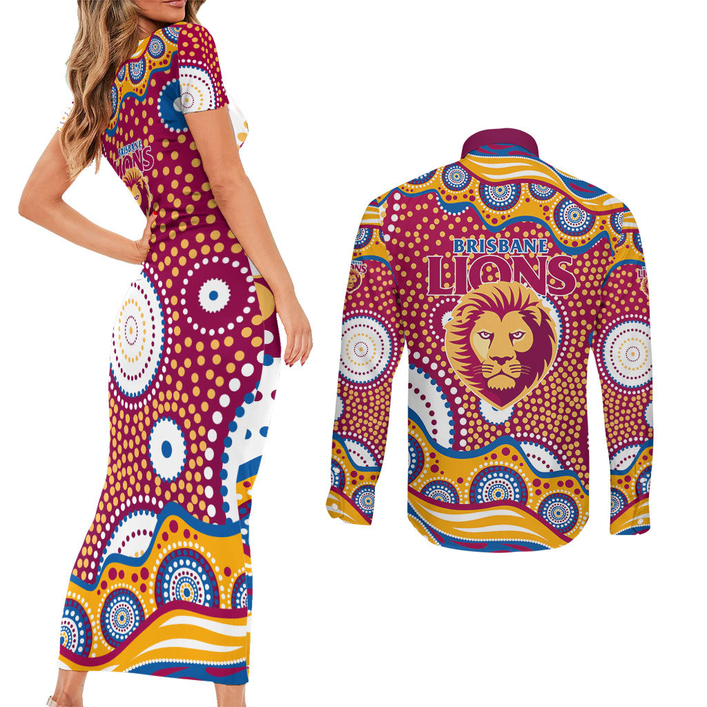 Brisbane Lions Couples Matching Short Sleeve Bodycon Dress and Long Sleeve Button Shirt Aboriginal Dot Pattern - Football Mascot Heritage Pride