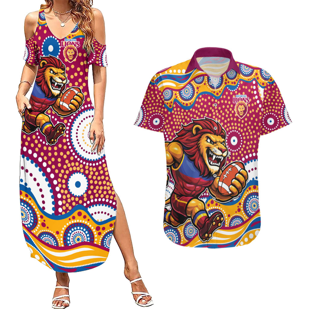 Brisbane Lions Couples Matching Summer Maxi Dress and Hawaiian Shirt Aboriginal Dot Pattern - Football Mascot Heritage Pride